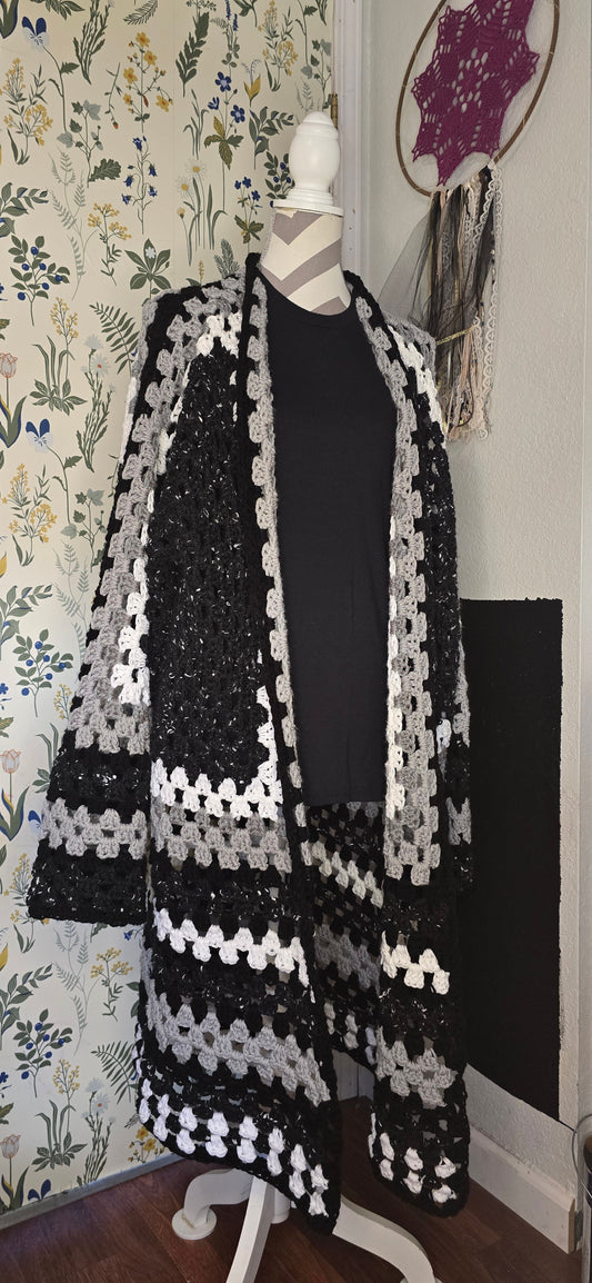 Campfire Cardigan black white gray duster, front view