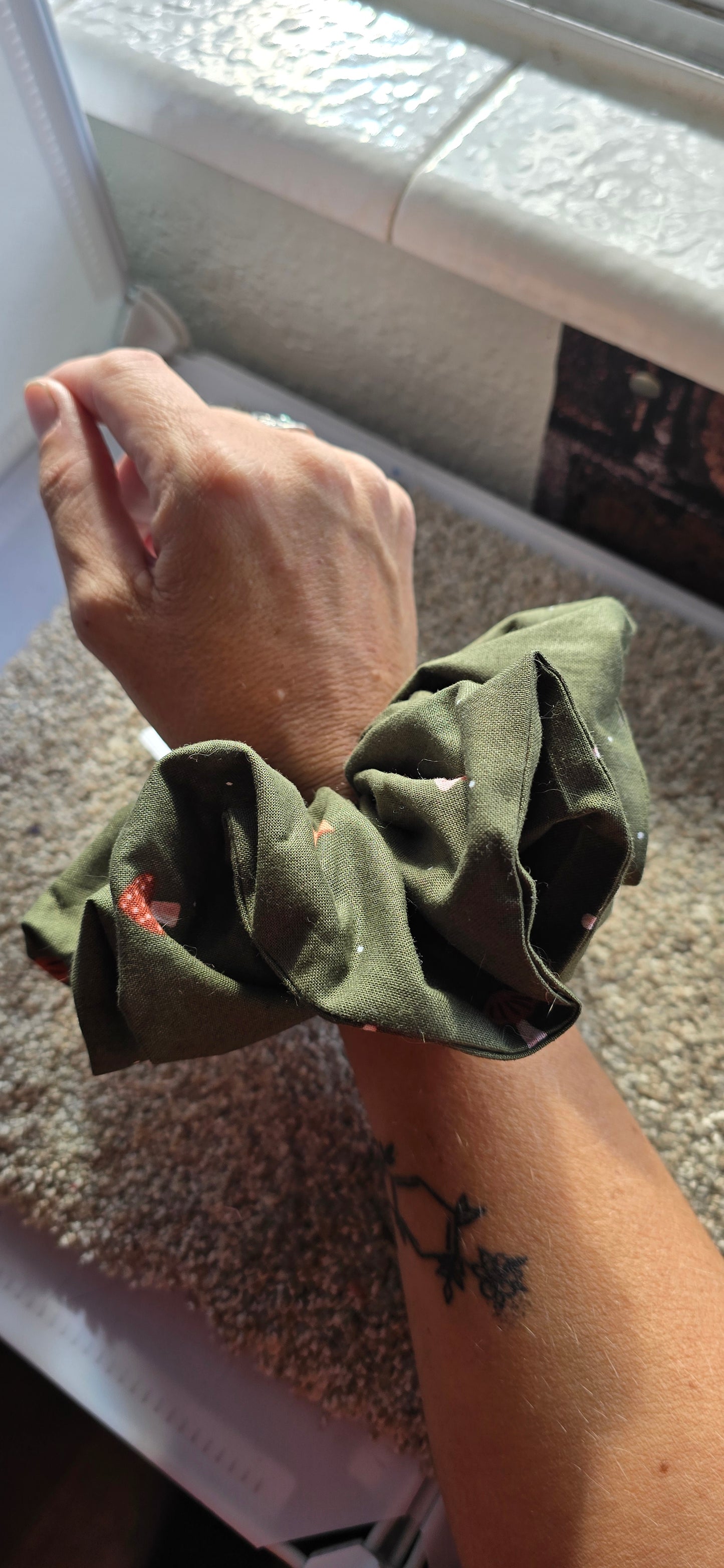 Jumbo Forest Green Scrunchie – Whimsical Mushrooms