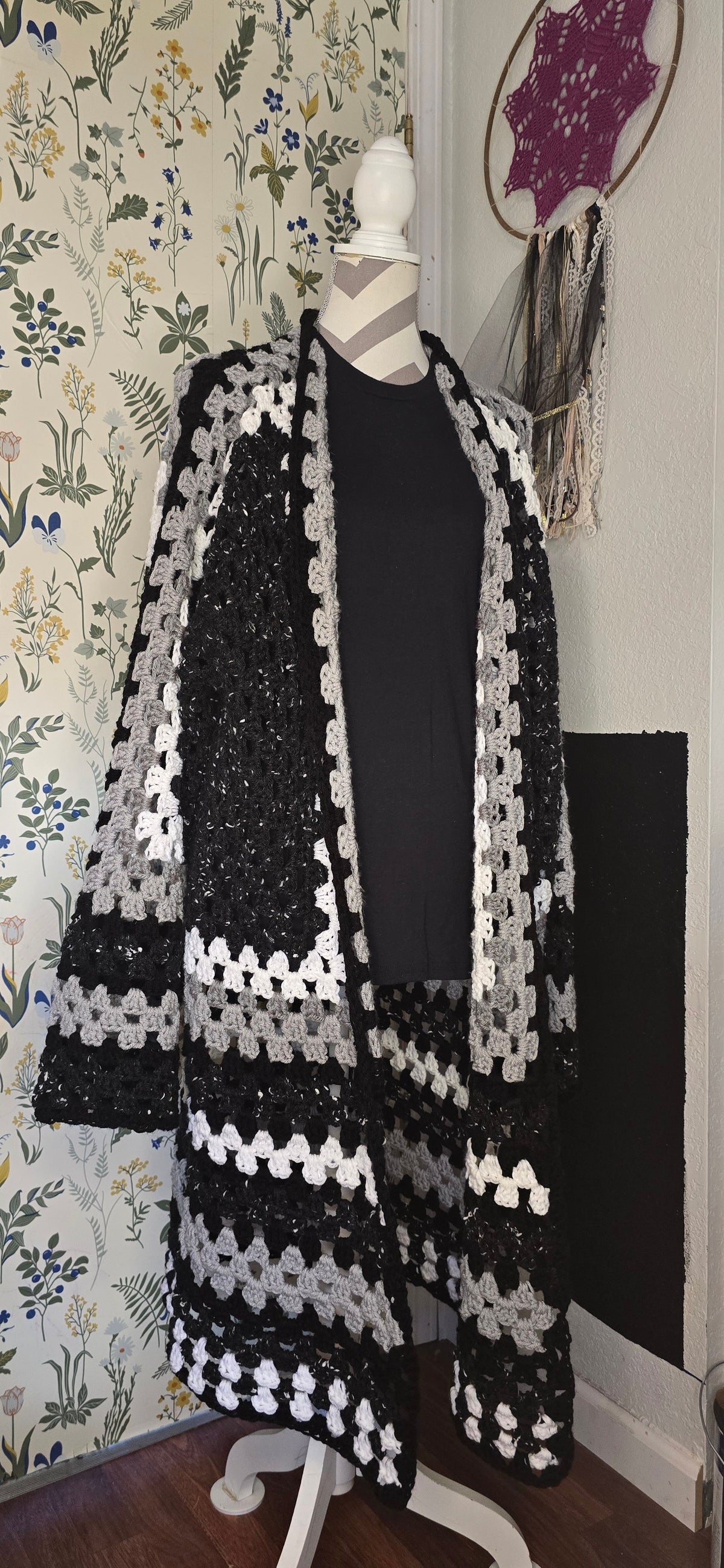 Campfire Cardigan black white gray duster, front view