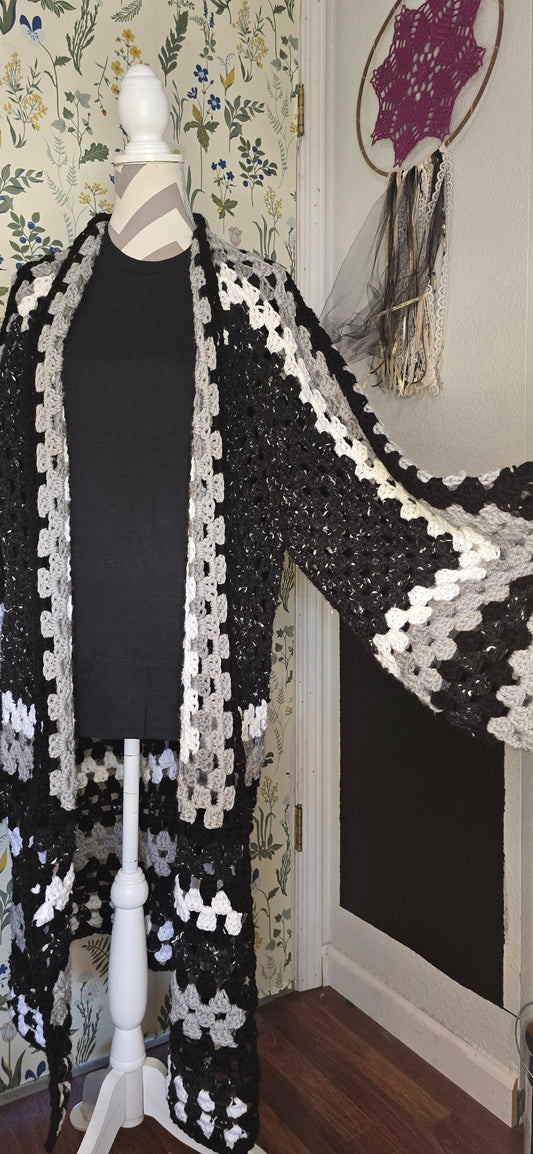 Campfire Cardigan black white gray duster, front view